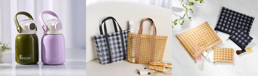 ▲時尚保溫壺(左圖)；茄芷悠遊提袋(中圖)；茄芷隨行收納兩用組(右圖)