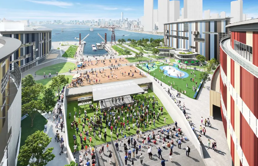 ▲中庭將新設兒童公園,美食廣場「Marina Kitchen」將在柱面與牆面合計設置27面數位看板,館內2、3樓的共用走廊將全面翻新,休息空間從現有的100席大幅擴增至400席。