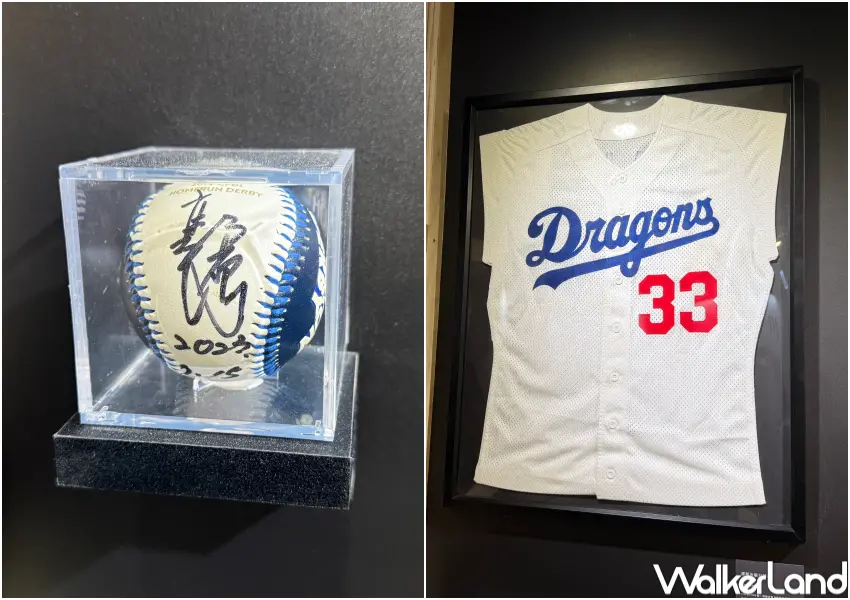 ▲免門票松菸棒球特展必拍亮點！展區陳列郭泓志道奇球衣、簽名球。(攝影：鄭亦庭)
