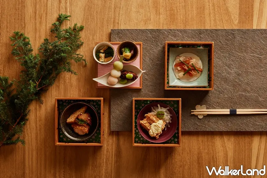 ▲「四段重」使用的日式重箱代表的寓意為將緣分與幸運重重堆疊，珍重每一段一期一會的美好相遇。圖／The Ukai Taipei提供；窩客島整理