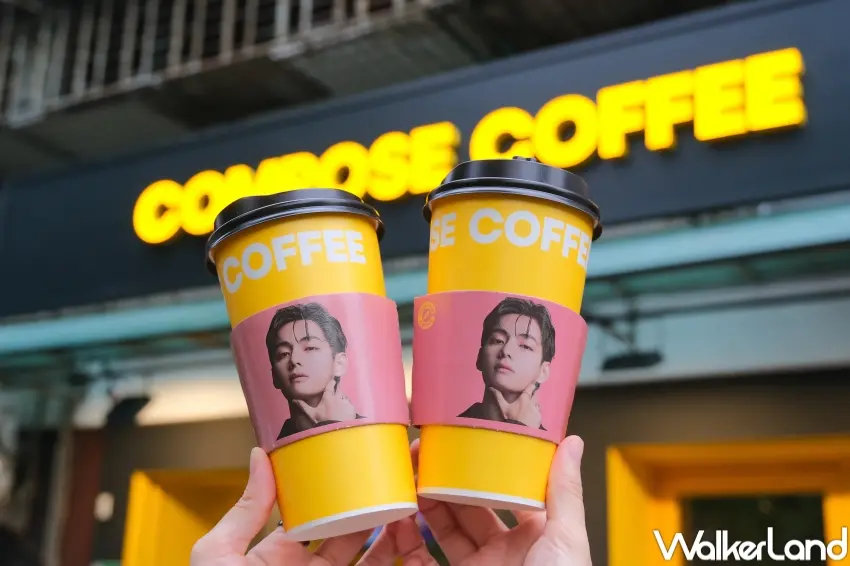 ▲COMPOSE COFFEE台灣門市同步設置金泰亨窗貼與杯套，結合品牌代言人話題，吸引粉絲前往現場拍照打卡。（攝影：張人尹）