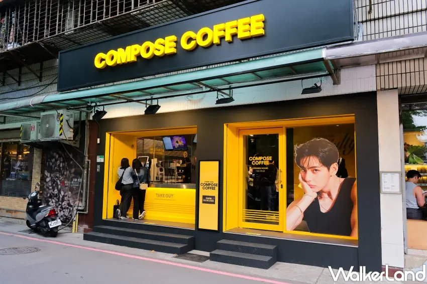 ▲COMPOSE COFFEE台灣首店進駐南京復興商圈，門市設置BTS成員V金泰亨大型窗貼，吸引粉絲朝聖打卡，成為近期熱門拍照地標。（攝影：張人尹）