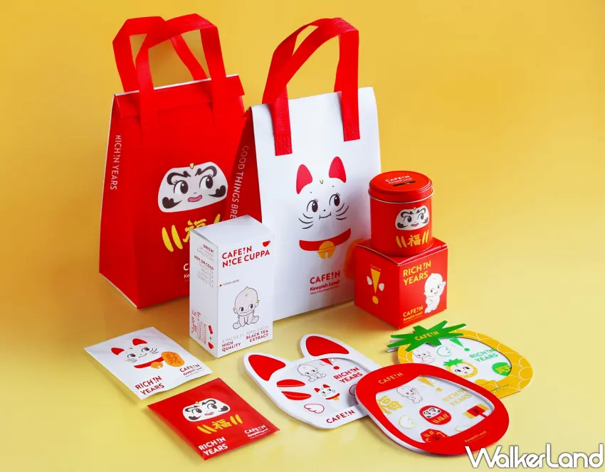 ▲CAFE!N與「KEWPIE丘比」聯名系列大合照。濾掛咖啡與「樂萃紅茶包」存錢筒，質感周邊收藏。
