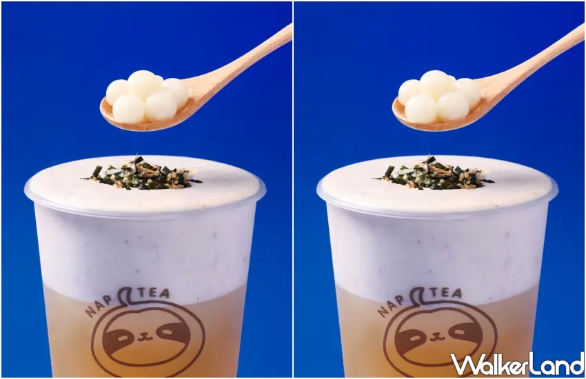 ▲口感系配料新選擇，蜜漬純白迷你湯圓，軟糯口感像極了茶泡飯裡的米飯。