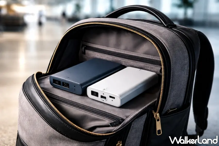 ▲出國打包行李時務必注意，2026年起行動電源限帶2顆，且存放時嚴禁放置於上方行李置物櫃。 / 圖：AI生成、窩客島整理