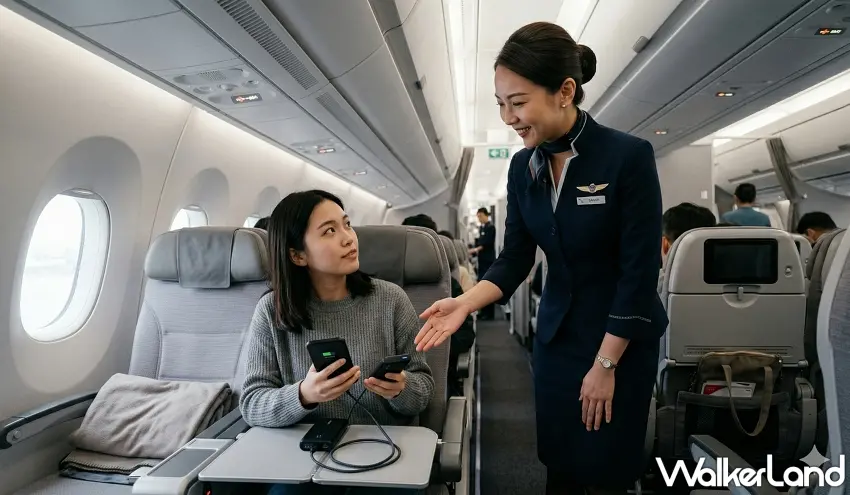 ▲ 空服員將加強巡視，自2026年4月起旅客在飛行途中禁止使用行動電源為任何電子設備進行充電。/ 圖：AI生成、窩客島整理