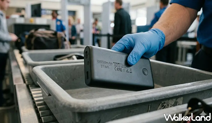 ▲安檢人員會嚴格檢查電容量標示，若10000mAh或37Wh等數值模糊不清，行動電源將面臨沒收處置。 / 圖：AI生成、窩客島整理