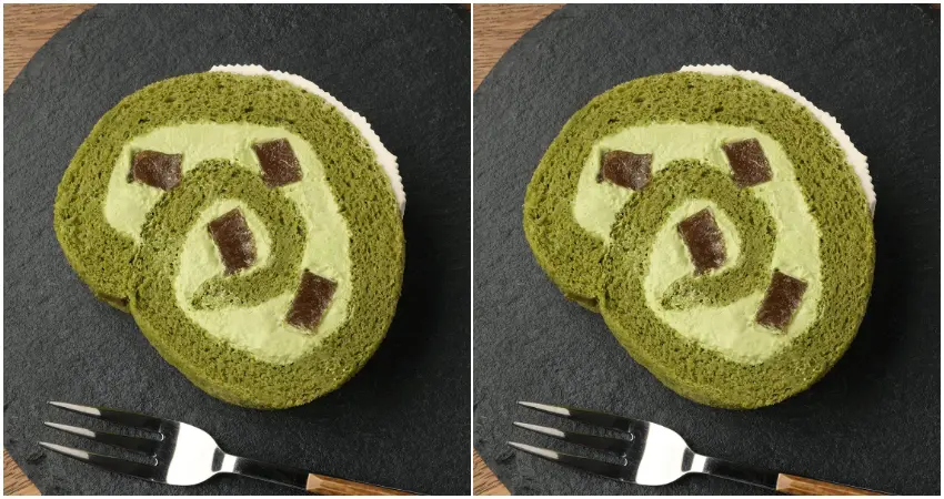 ▲抹茶海綿蛋糕捲入香氣高雅的抹茶奶油與自製黑糖蕨餅。