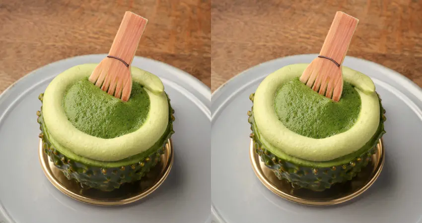 ▲抹茶巧克力製成的茶碗中，裝入抹茶奶油、焙茶果凍等配料，附上巧克力茶筅，充滿趣味巧思。