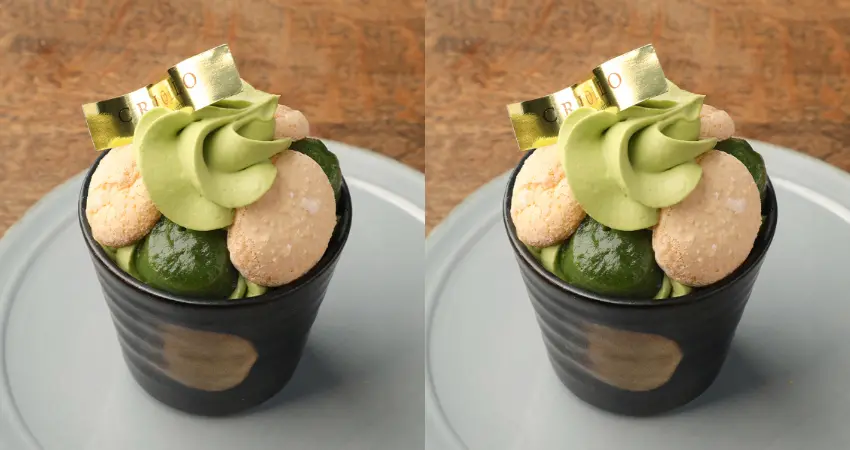 ▲黑蜜布丁搭配抹茶奶油、抹茶麻糬與海綿蛋糕。