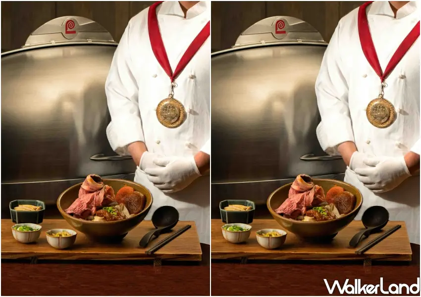 ▲主廚於桌邊展示勞瑞斯牛肋排餐廳與門前隱味聯名牛肉麵。