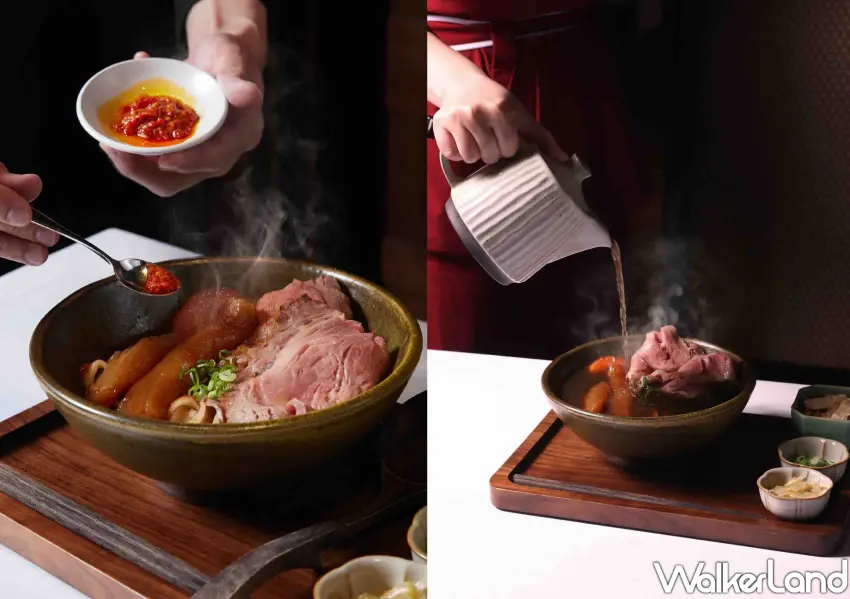 ▲牛肉麵加入「門前隱味」秘製辣醬並由陶壺注入靈魂老湯底。