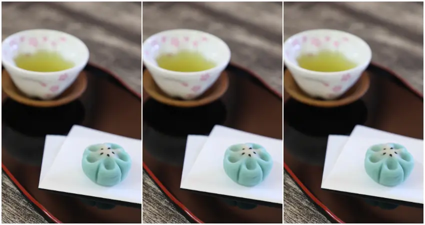 ▲園區內的和菓子店「大手門」提供櫻花麻糬、粉蝶花色煉切等商品。