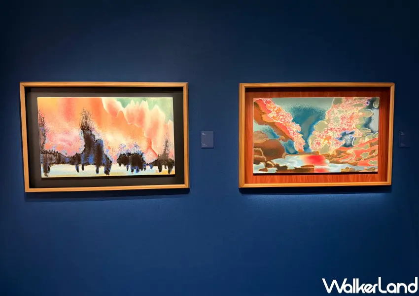 ▲歷史博物館釉彩展覽可近距離觀賞〈櫻花谷〉、〈玉山雲海〉等范振金作品。(攝影：鄭亦庭)