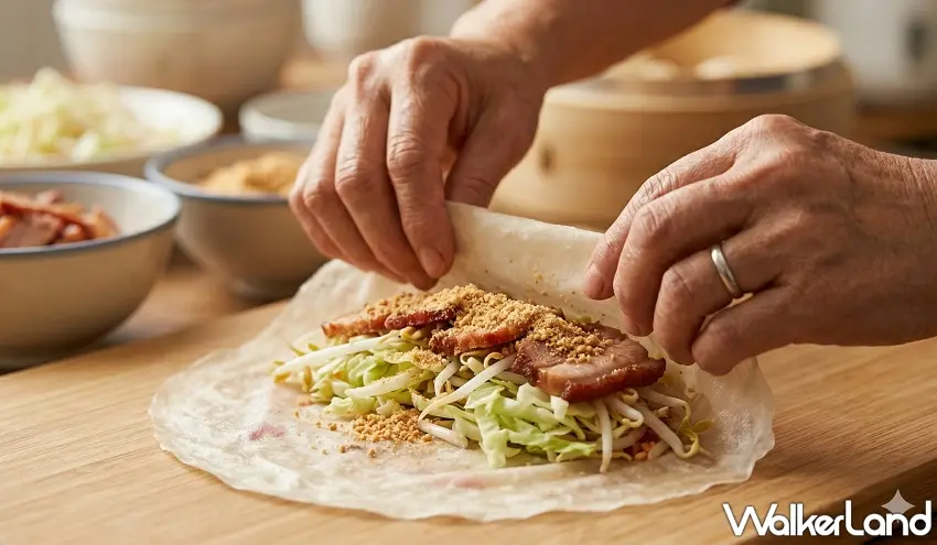▲職人親手鋪開薄透餅皮，依序放入翠綠豆芽、高麗菜與紅糟肉，最後撒上靈魂般的花生糖粉，展現清明潤餅跨越千年的層次美味。 / 圖：AI生成、窩客島整理