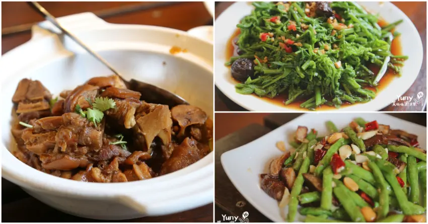 ▲「芳草古樹」主打道地客家料理，乾扁肥腸口感酥香，招牌豬腳滷得軟嫩入味，都是饕客必點的人氣招牌。