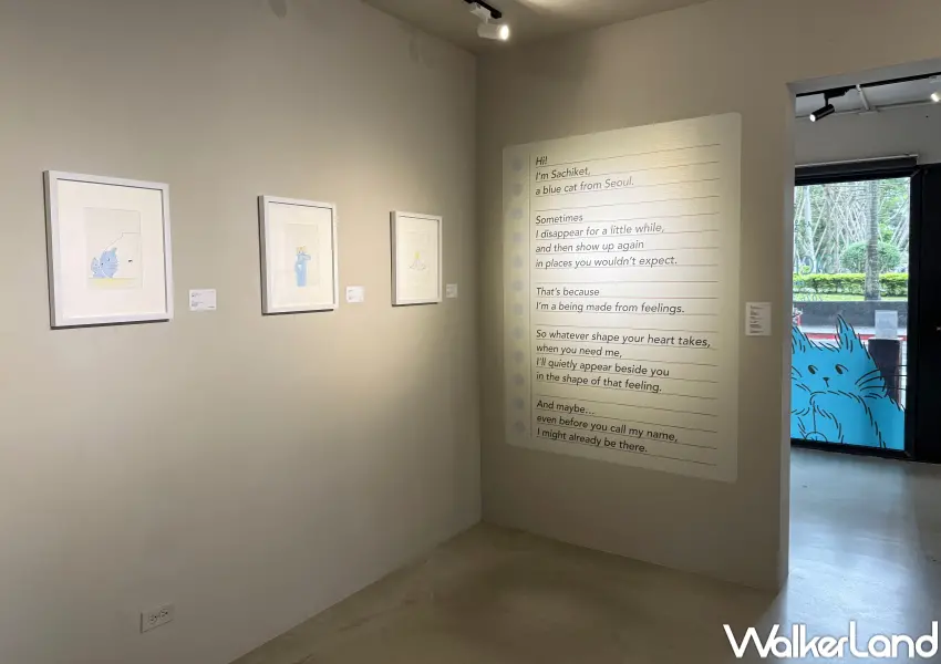 ▲藍色貓貓Sachiket是由韓國藝術家Haydonna創作的全新角色，身在不同地方，都能時飽有自幾的步調。(攝影：鄭亦庭)