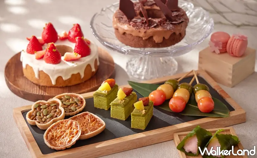 ▲「春日和食饗宴」甜點區換上粉嫩春裝，包含道明寺櫻餅、粉櫻馬卡龍與日式三色糰子等人氣甘味。圖／台北喜來登大飯店提供；窩客島編輯整理