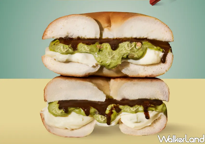 ▲拉亞漢堡爆漿杜拜開心果巧克力乳酪貝果剖面，卡達依夫脆絲超誘人。