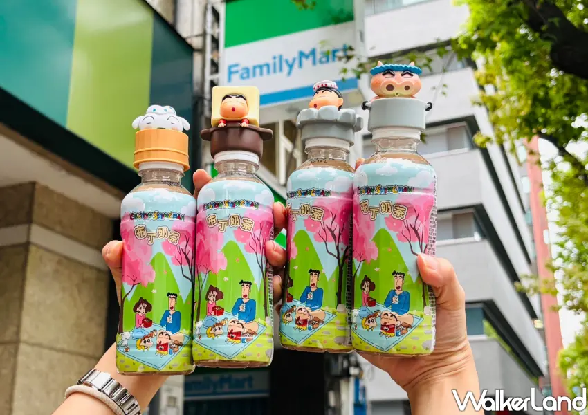 ▲四瓶蠟筆小新公仔布丁奶茶超萌，露屁屁泡湯造型與小白公仔瓶蓋萌度破表。