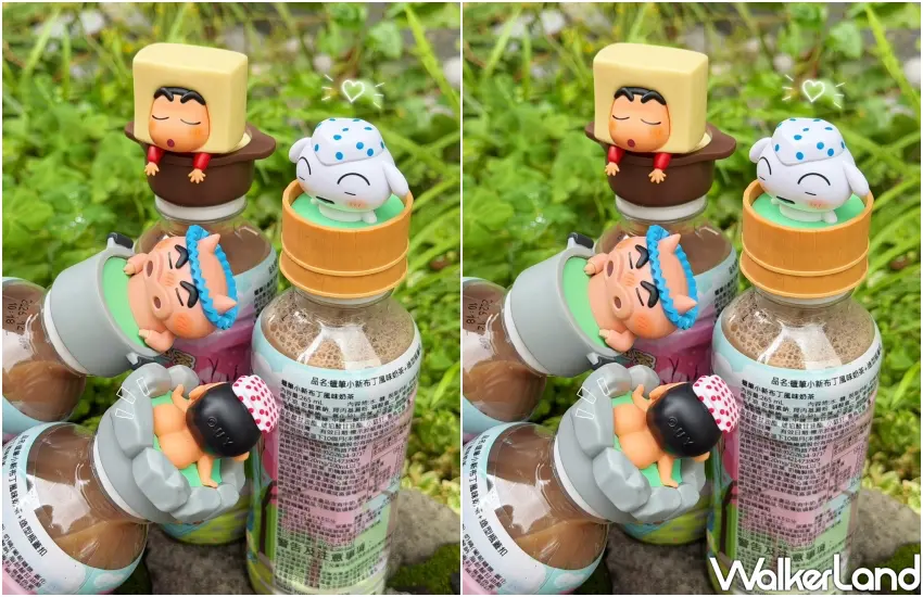 ▲小白與肥嘟嘟左衛門在草地愜意泡湯，這款小新瓶蓋公仔質感滿分。