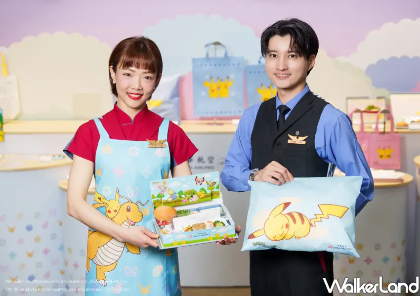 ▲寶可夢聯名兒童餐盒與圍裙亮相,立體餐盒設計讓小朋友在飛機上也能開心冒險。