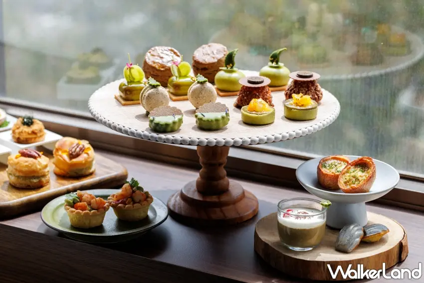 ▲JR東日本大飯店台北的台灣茶下午茶，有紅烏龍茶香肉鬆多拿滋、四季春蝦仁小點，到柚香金萱慕斯與包種茶馬卡龍，每一道皆蘊含台灣茶的細膩風味。圖／JR東日本大飯店台北提供；窩客島整理