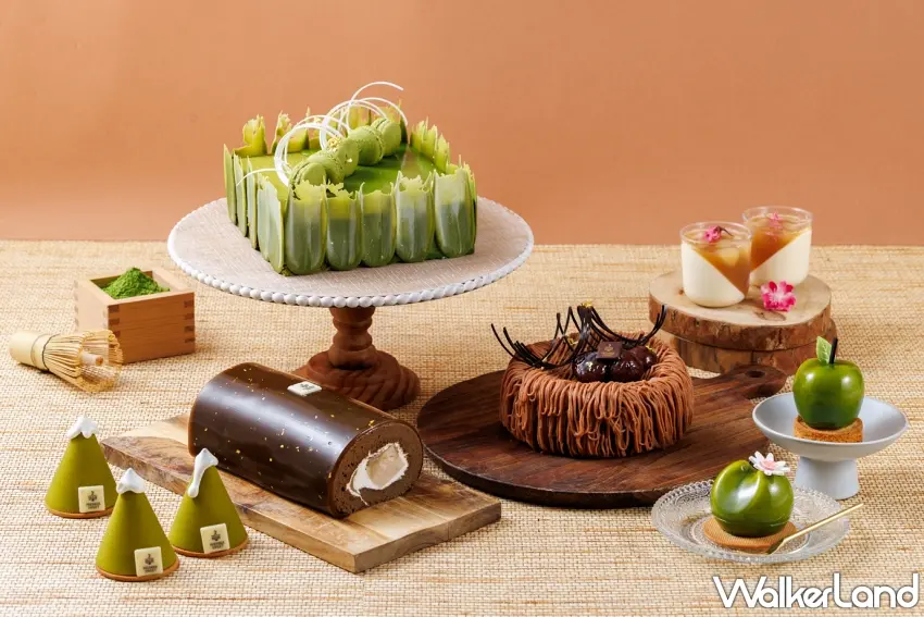 ▲JR東日本大飯店台北「PREMIER SWEET」推出日本茶甜點系列，選用靜岡縣小柳津65號抹茶粉、焙茶與玄米茶展現不同層次風味。圖／JR東日本大飯店台北提供；窩客島整理