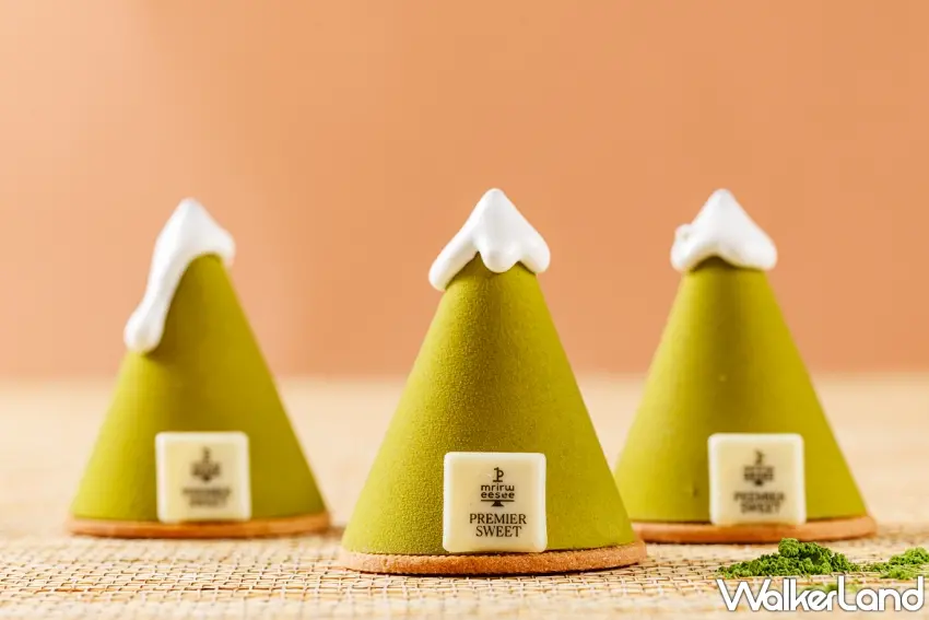 ▲以富士山外觀設計的抹茶歐蕾，由抹茶慕斯包裹牛奶歐蕾慕斯並搭配蜜漬紅豆，呈現溫和日式風味。圖／JR東日本大飯店台北提供；窩客島整理