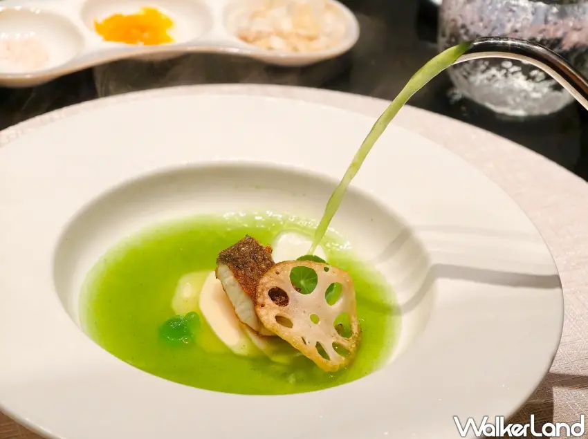 ▲季節湯品宛如微型池塘造景，並以蔬菜湯底製成的果凍海龜帶出生態議題。（攝影：楊婷雅）