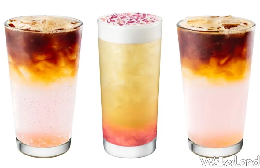 ▲星巴克新上市蘋果山茶花風味系列，包含氣泡美式與青茶等多層次飲品，點綴粉嫩花瓣與果肉展現浪漫花韻。(攝影：鄭雅之)