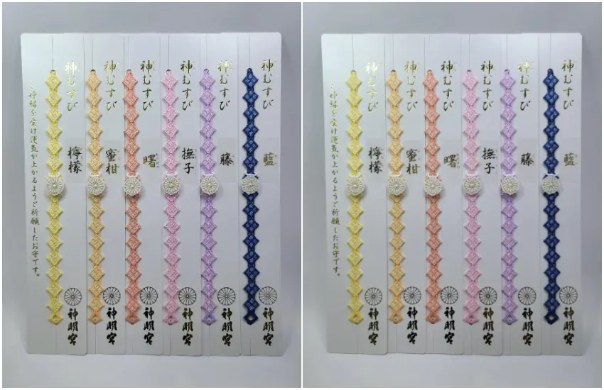 ▲蕾絲手環御守2015年起開始販售，後續種類逐漸增加，所有製作過程都由神社的巫女親手完成。