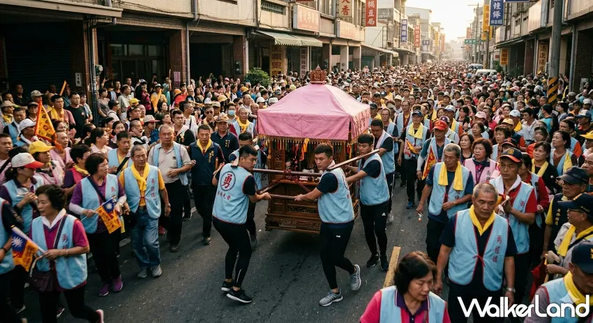 ▲「粉紅超跑與虔誠人海」 呈現白沙屯媽祖最具代表性的粉紅色防雨帆布神轎，也就是信徒暱稱的粉紅超跑，以及4人抬轎在超過45萬名信眾的人海中快速前進的壯觀畫面。 / 圖：AI生成、窩客島整理
