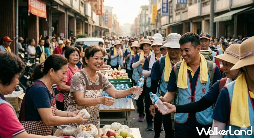 ▲「沿途人情味與物資補給」於進香旅途中深厚的人情味，展現在地民眾與企業熱心在路邊提供瓶裝水與食物給長途跋涉隨香信眾的溫馨畫面。 / 圖：AI生成、窩客島整理