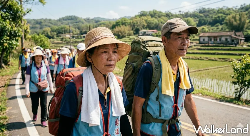 ▲「香燈腳徒步的堅定意志」 描繪進香途中香燈腳戴著遮陽帽與披著毛巾並背著行囊，展現出挑戰將近400公里急行軍的體力與耐力。 / 圖：AI生成、窩客島整理