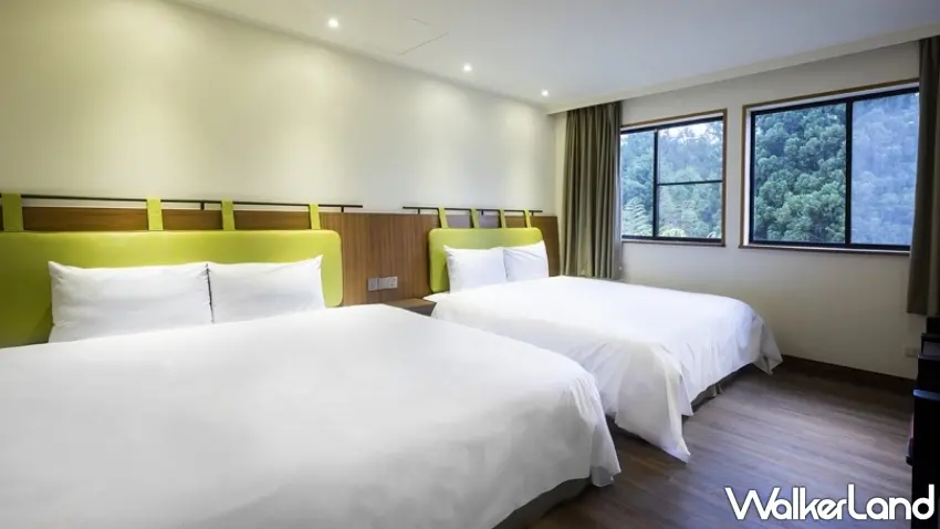 ▲溪頭福華渡假飯店的大學樓客房，窗外即是鬱鬱蔥蔥的森林美景，讓旅人在房內就能感受大自然的療癒芬多精 。圖／溪頭福華渡假飯店提供；窩客島編輯李維唐整理