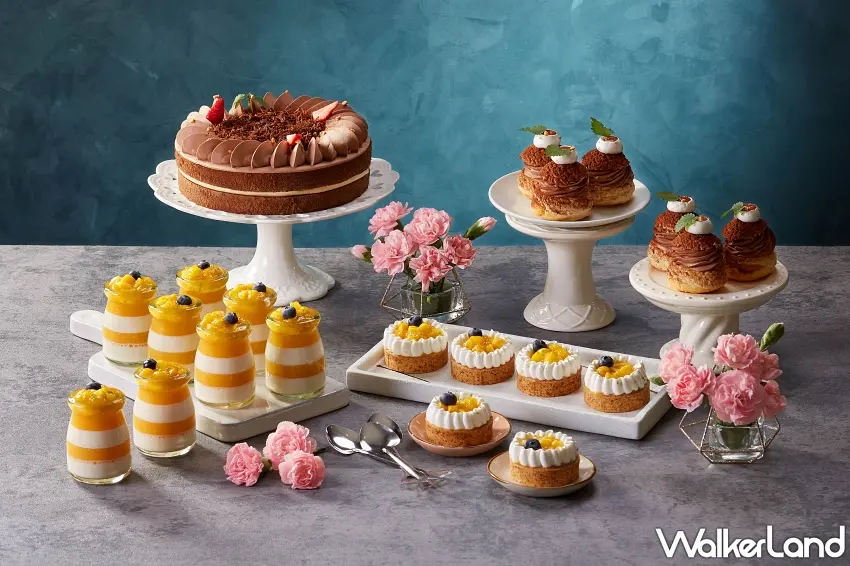▲焦糖巧克力蛋糕、巧克力菠蘿泡芙、芒果奶酪、芒果塔等甜點琳瑯豐富,滿足甜蜜味蕾。圖/50樓Café提供;窩客島編輯李維唐整理