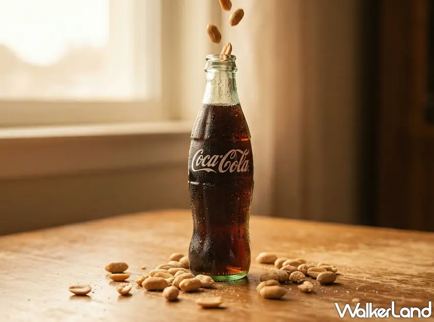 ▲近距離感受「可樂加花生」的視覺衝擊,碳酸氣泡包裹著鹹香果仁,背景書本彷彿訴說著這段文壇軼事。 / 圖:AI生成、窩客島整理