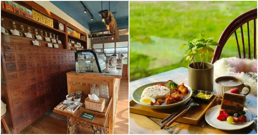 ▲「有田咖啡」由老中藥行改造，保留傳統藥櫃與空間格局，窗外望去是一片綠意稻田，享用餐點格外放鬆愜意。