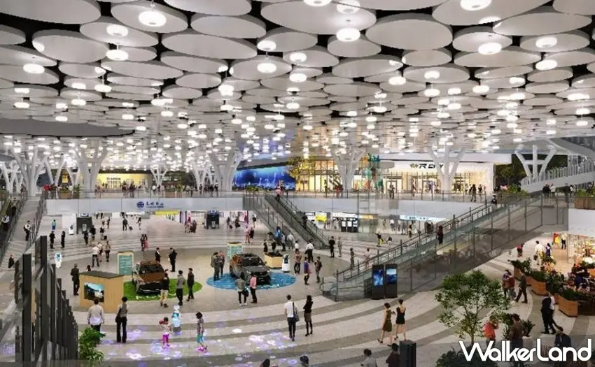 ▲地下層的內部商業空間與轉乘動線概念圖，挑高的天井結構下，以獨特的白雲與樹木造型柱子支撐，打造無縫串聯臺鐵、捷運與各運具的綜合商場，地下 1、3 層將充滿餐飲與購物服務。 圖／台鐵公司提供、窩客島編輯李維唐整理。