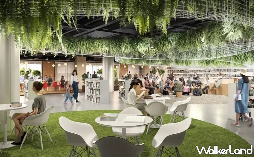 ▲位於商場內部的「Food Hall」美食街概念圖，以溫暖的木質色調與工業風燈飾營造現代、舒適的用餐環境，圖中可見包括 Hainan 雞飯等多元業態美食攤位與明確的動線指示。 圖／台鐵公司提供、窩客島編輯李維唐整理。