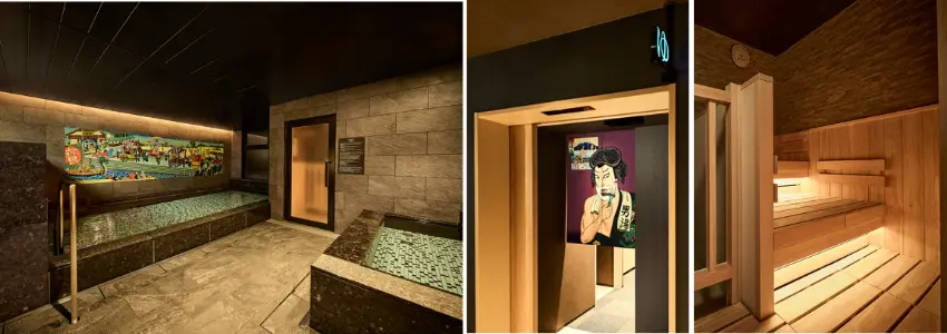 ▲大浴池男女各設8個洗浴區位，另設有三溫暖房及冷水浴池，牆面裝飾有浮世繪風的壁畫。