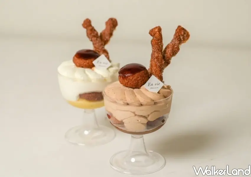 ▲EnVie在室甜點聖多杯杯，將經典法式甜點聖多諾黑裝入杯中，方便在圓山花博邊走邊吃的精緻法點。