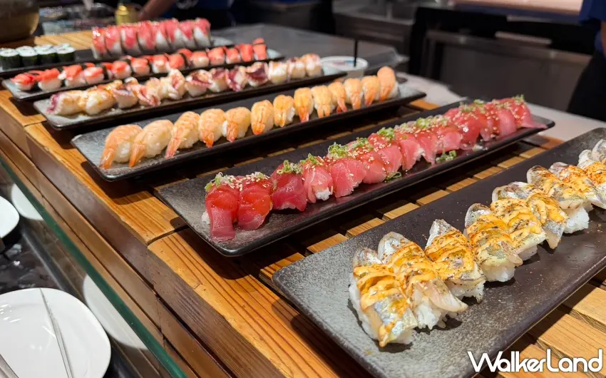 ▲精緻多樣的握壽司餐台，包含鮪魚與多款時令魚肉任客選用。圖／豐FOOD提供；窩客島編輯李維唐整理