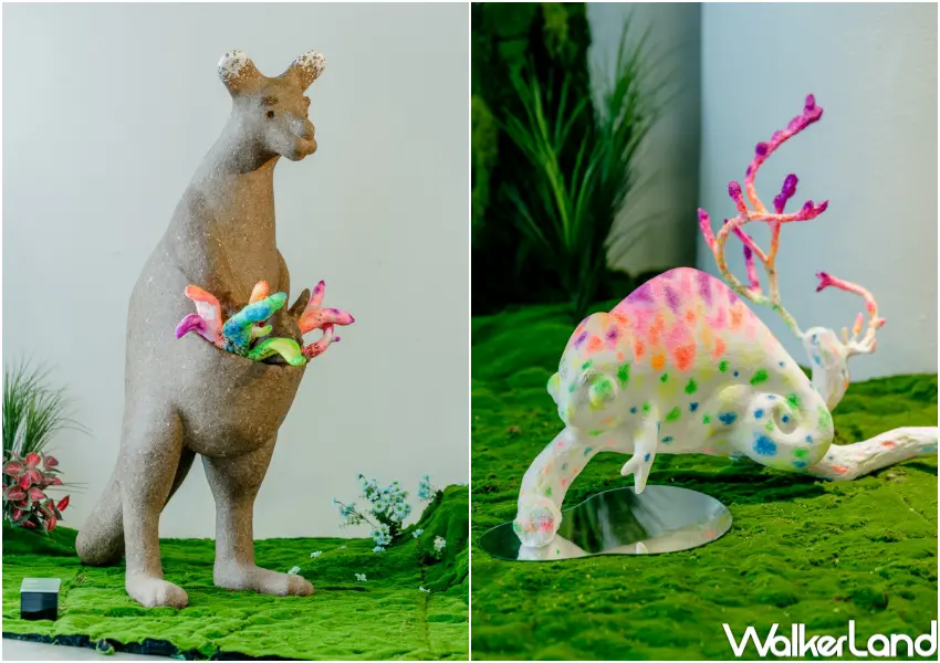 ▲屏東看海美術館蔡潔莘紙漿雕塑作品以環保媒材創作，超療癒袋鼠、變龍雕塑必拍。