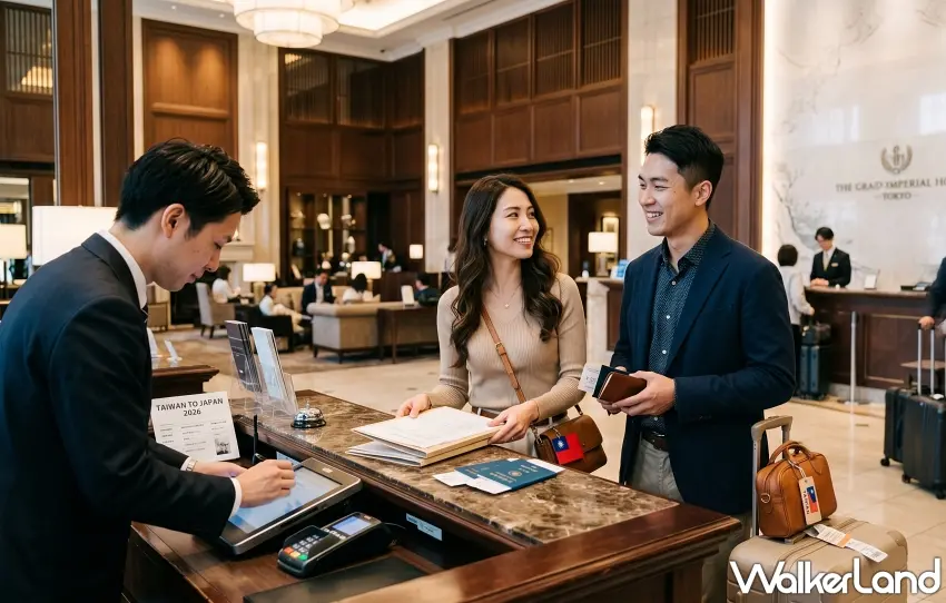 ▲情侶在精緻復古的飯店大廳辦理入住,享受浪漫假期。 / 圖:AI生成、窩客島整理