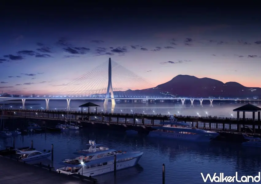 ▲淡江大橋流線型橋體在燈光點綴下化身河口最閃耀的指標建築。