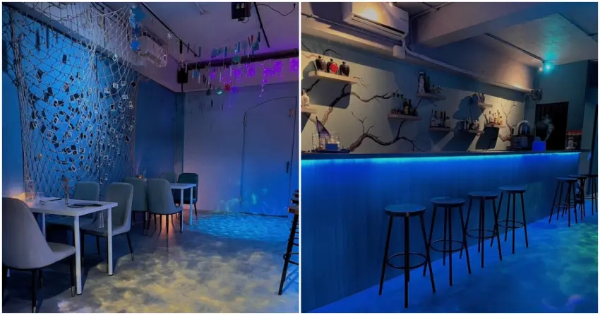 ▲「李芙蓉餐酒館」以水光為設計概念，藍紫色燈光鋪滿空間，氛圍讓人相當放鬆。