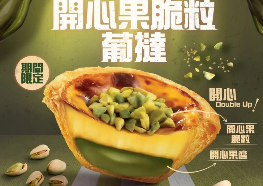 ▲肯德基去年在香港推出開心果脆粒葡撻爆紅，加入開心果醬與脆粒打造多層次口感，引發粉絲排隊朝聖與社群打卡熱潮。圖片來源：香港肯德基