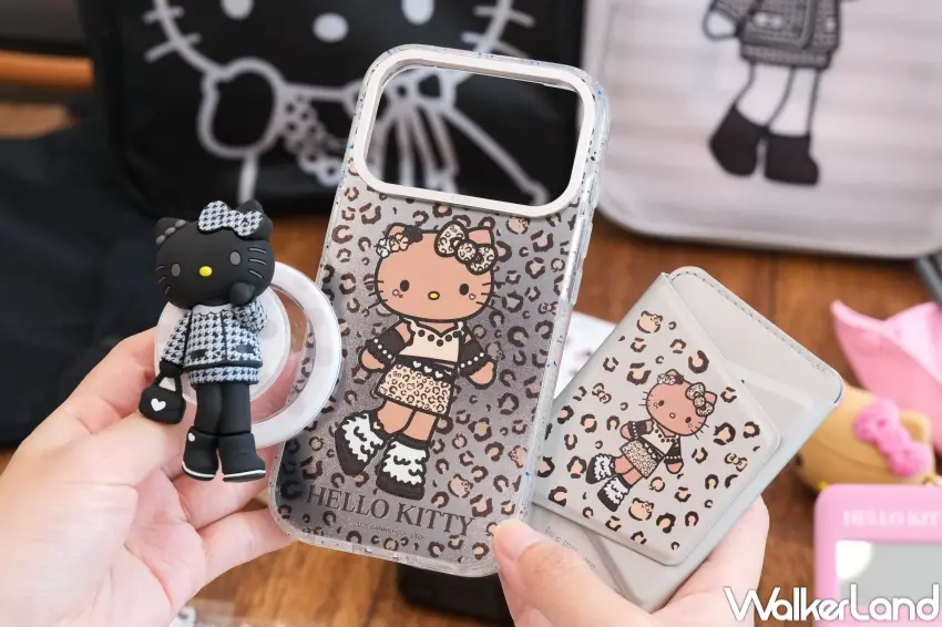 ▲7-ELEVEN三麗鷗長腿KITTY推出手機殼與手機支架等3C周邊，讓粉絲日常使用更便利。（攝影：張人尹）